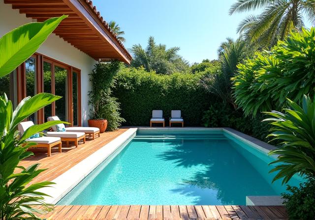 After: A lush, resort-style poolside garden with tropical plants and new decking.