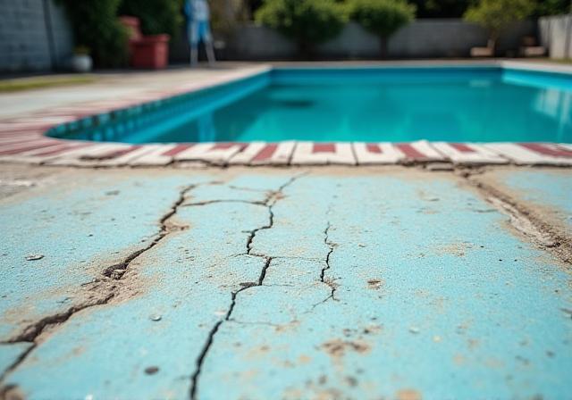 Before: An outdated poolside area with cracked concrete.